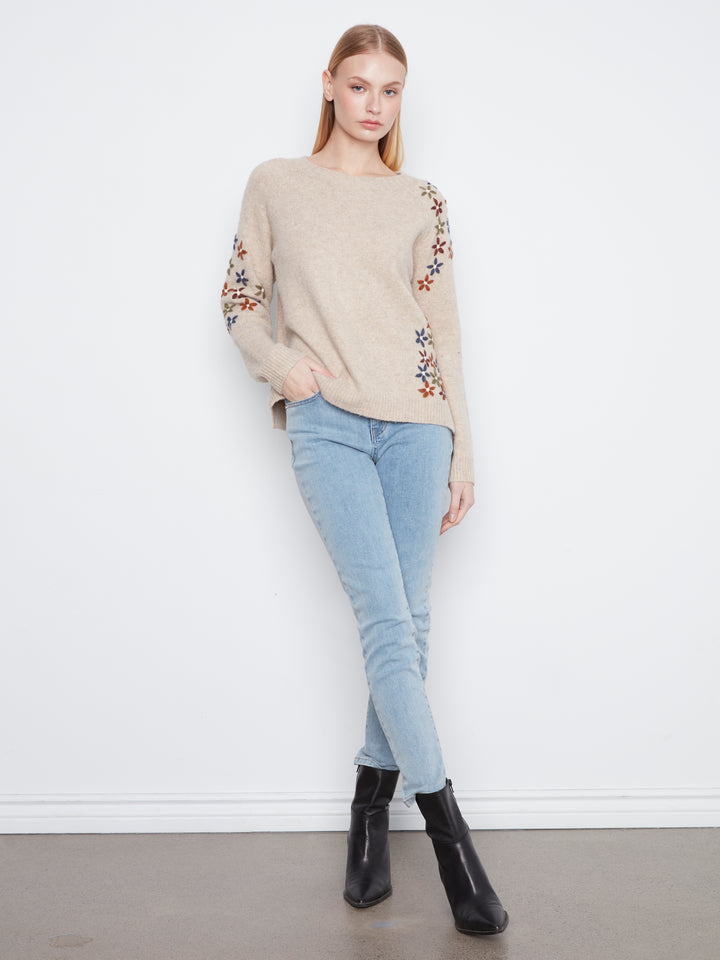 Floral Embroidered Raglan Crew Neck Sweater
