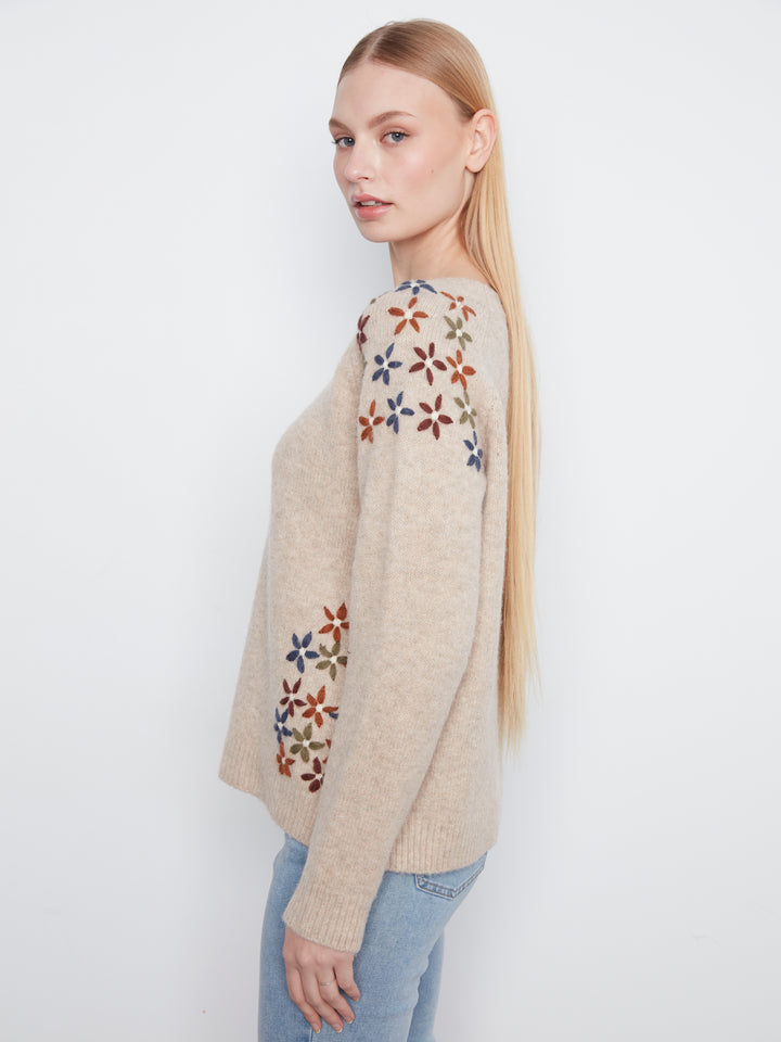 Floral Embroidered Raglan Crew Neck Sweater