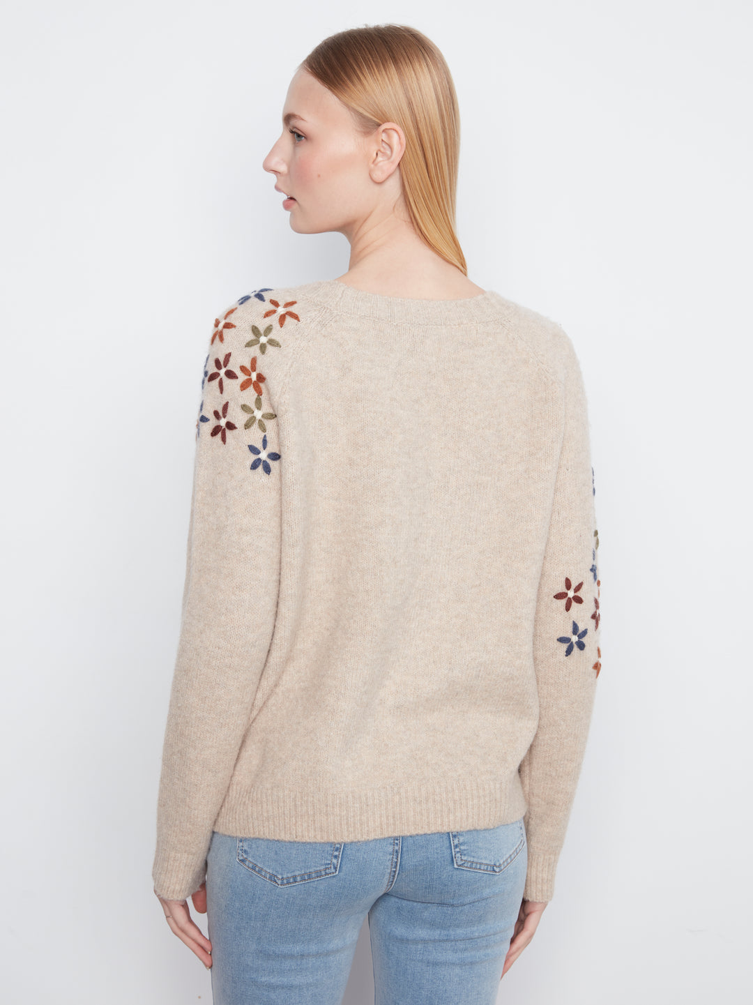 Floral Embroidered Raglan Crew Neck Sweater