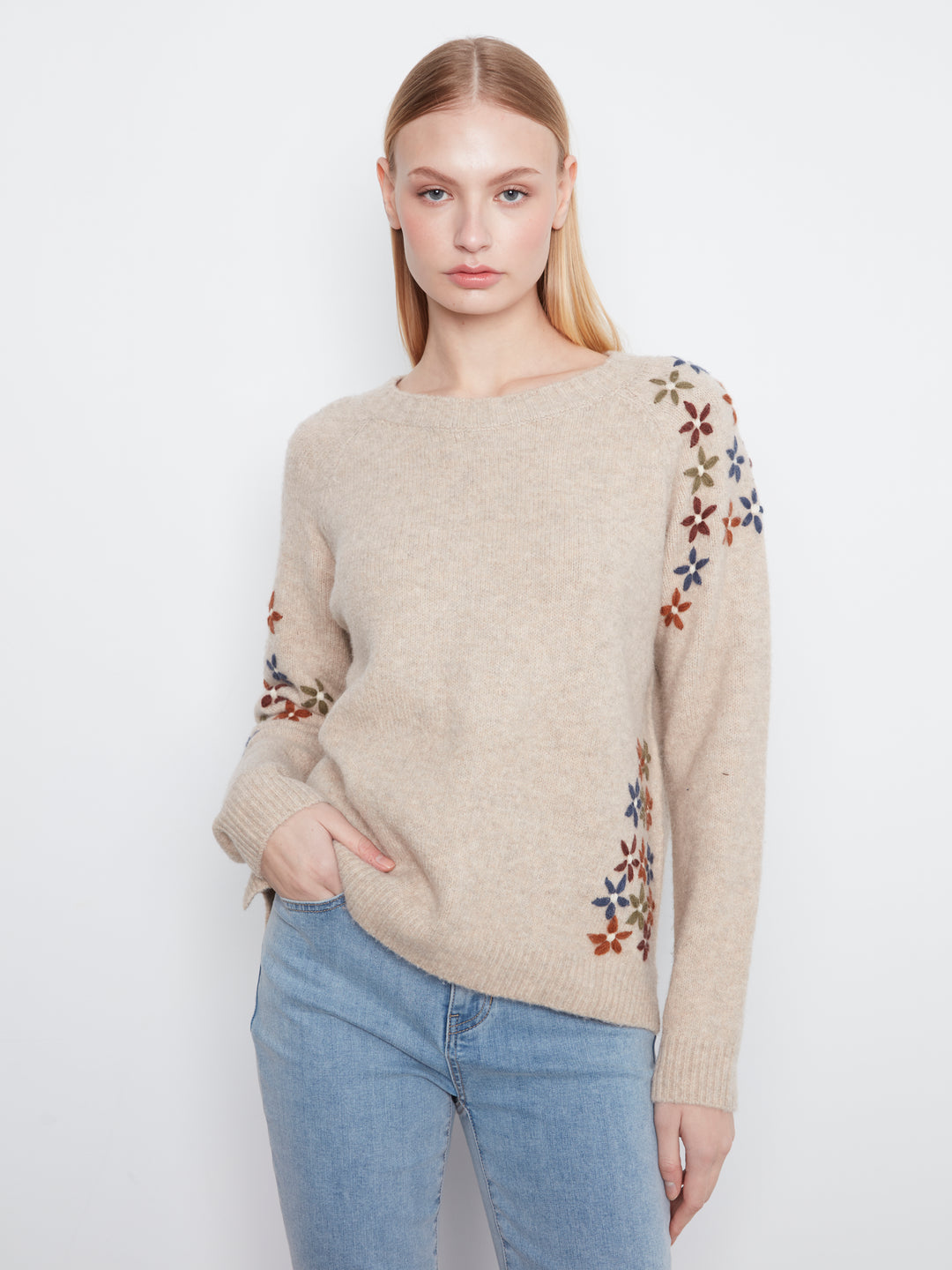 Floral Embroidered Raglan Crew Neck Sweater