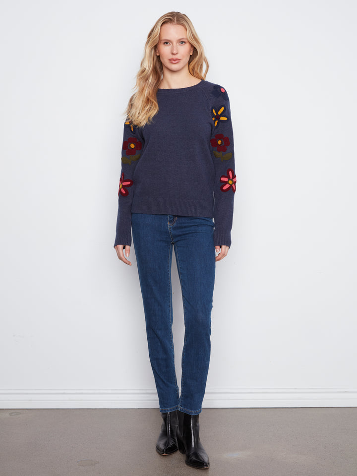Embroidered Raglan Sleeve Crewneck Sweater