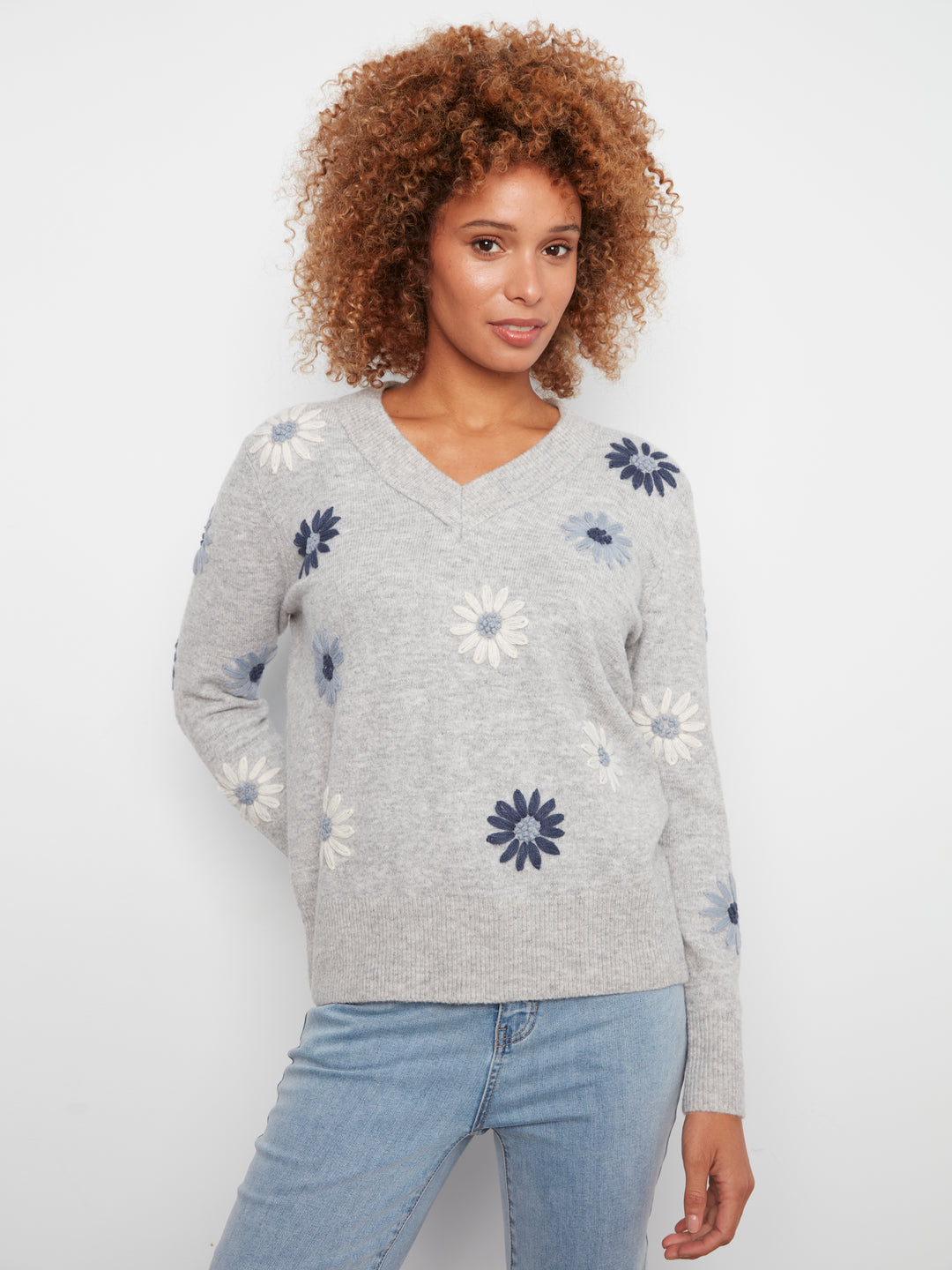 Embroidered V-Neck Sweater With Wide Rib Cuff And Hem