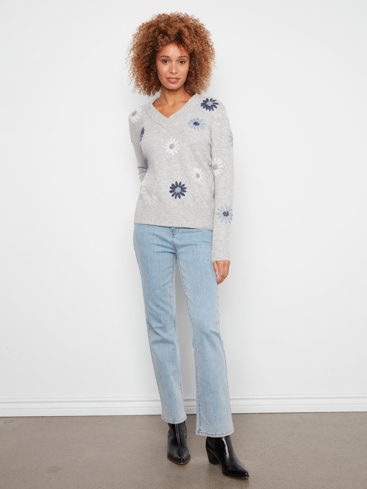 Embroidered V-Neck Sweater With Wide Rib Cuff And Hem