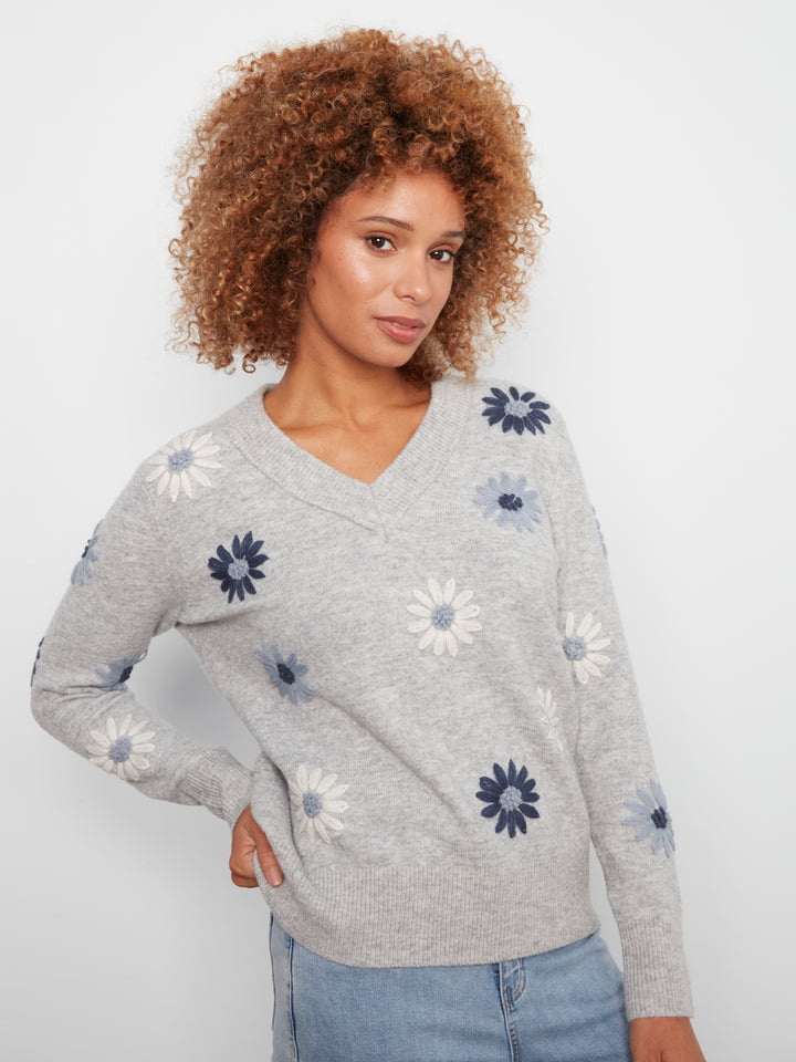 Embroidered V-Neck Sweater With Wide Rib Cuff And Hem