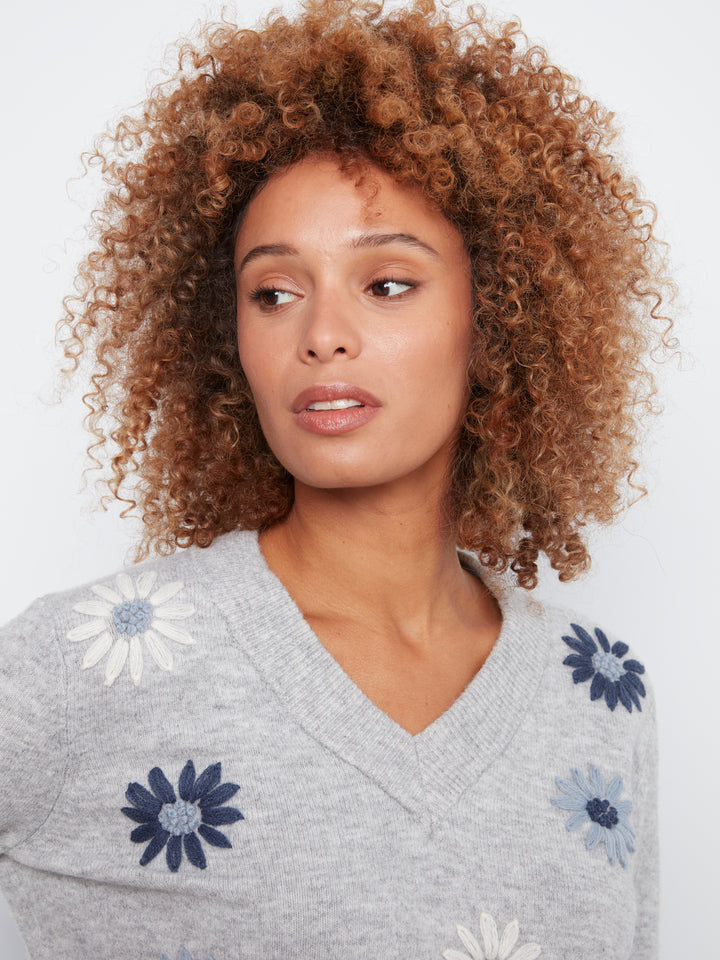 Embroidered V-Neck Sweater With Wide Rib Cuff And Hem