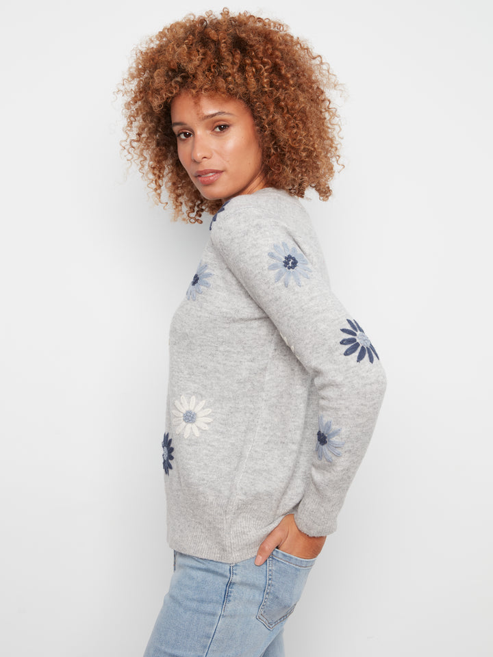 Embroidered V-Neck Sweater With Wide Rib Cuff And Hem