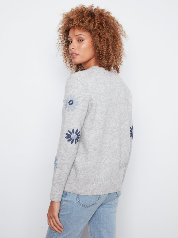 Embroidered V-Neck Sweater With Wide Rib Cuff And Hem