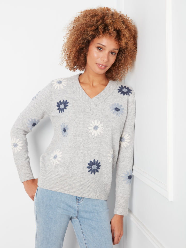 Embroidered V-Neck Sweater With Wide Rib Cuff And Hem