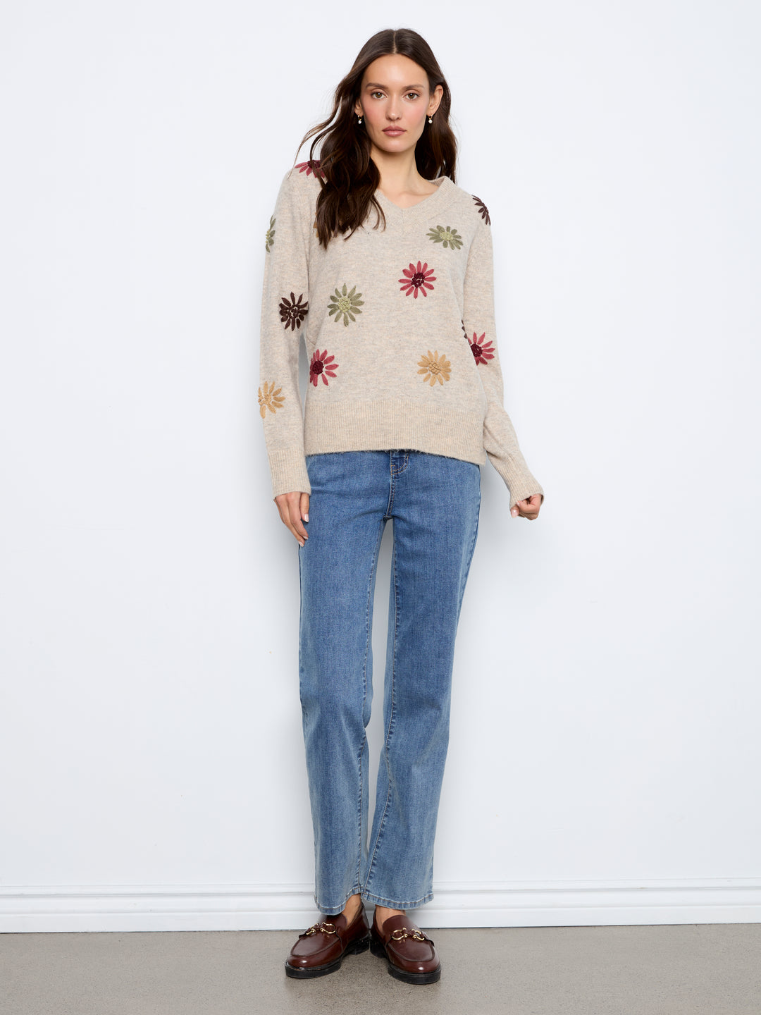 Embroidered V-Neck Sweater With Wide Rib Cuff And Hem