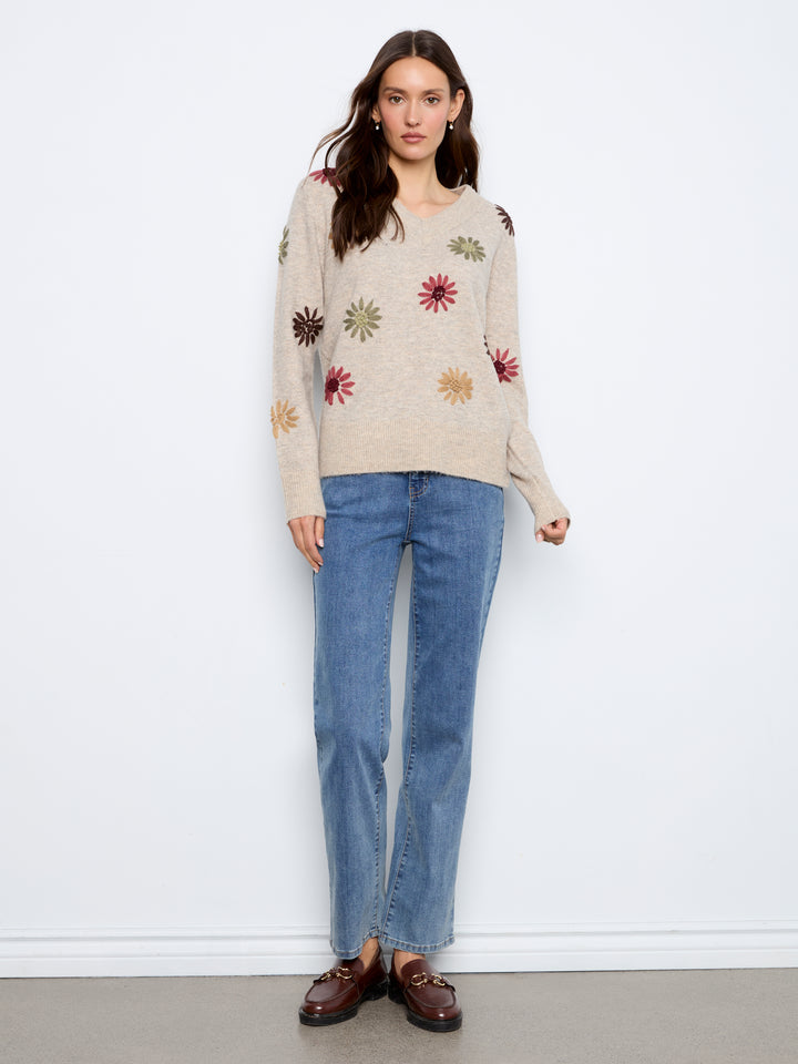 Embroidered V-Neck Sweater With Wide Rib Cuff And Hem