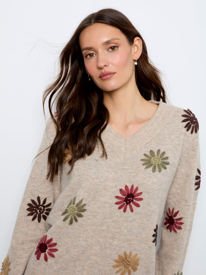 Embroidered V-Neck Sweater With Wide Rib Cuff And Hem