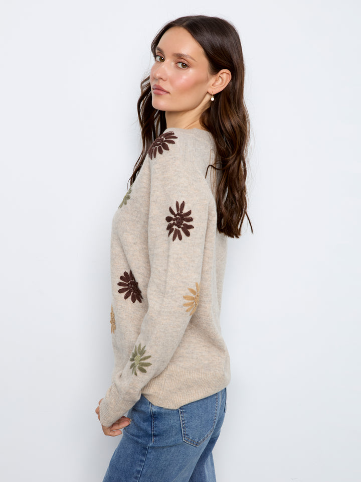 Embroidered V-Neck Sweater With Wide Rib Cuff And Hem