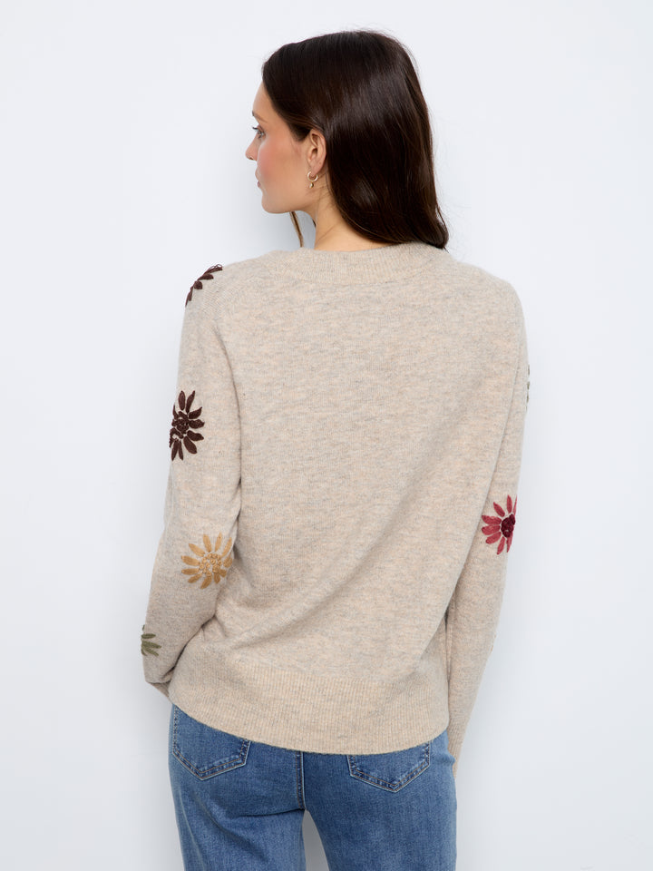 Embroidered V-Neck Sweater With Wide Rib Cuff And Hem