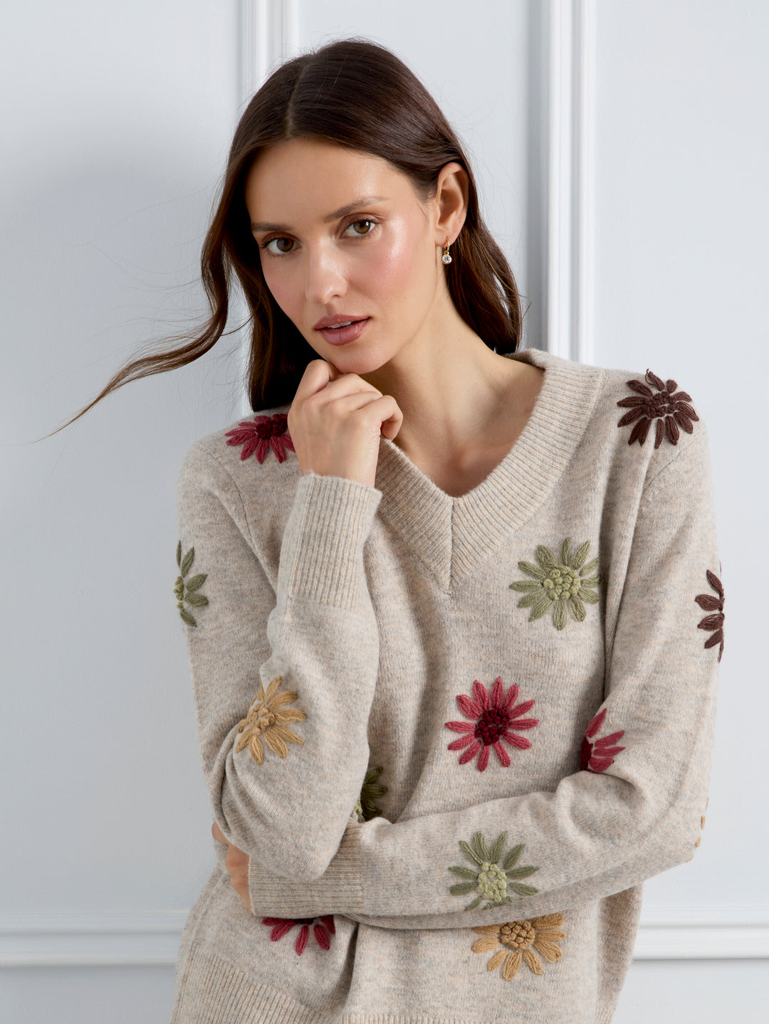 Embroidered V-Neck Sweater With Wide Rib Cuff And Hem