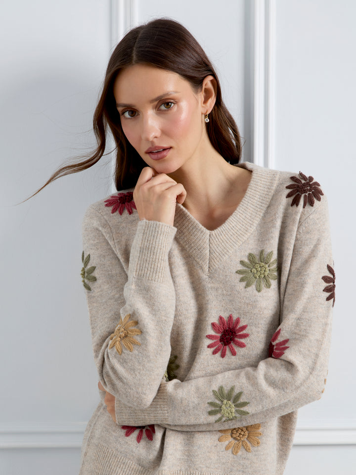 Embroidered V-Neck Sweater With Wide Rib Cuff And Hem