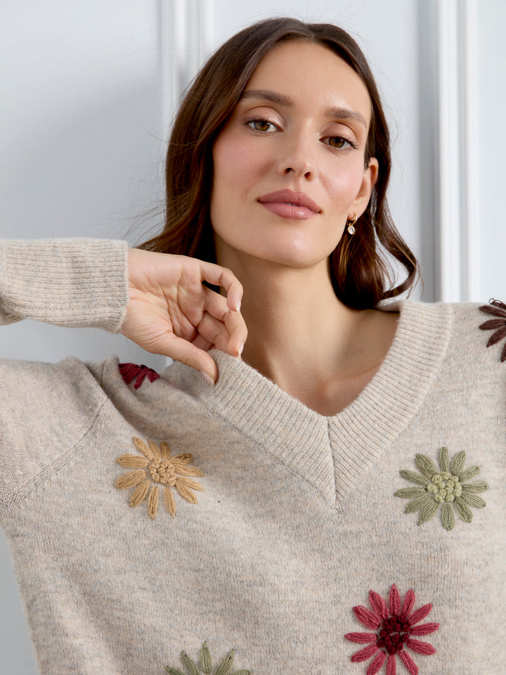Embroidered V-Neck Sweater With Wide Rib Cuff And Hem