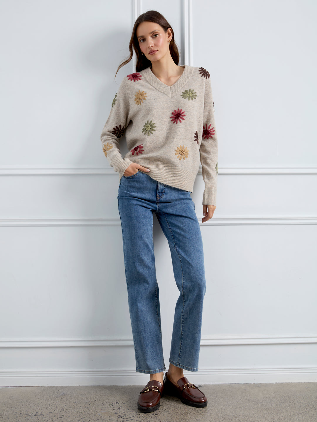 Embroidered V-Neck Sweater With Wide Rib Cuff And Hem