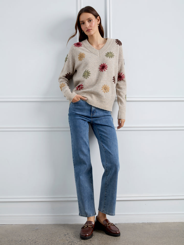 Embroidered V-Neck Sweater With Wide Rib Cuff And Hem