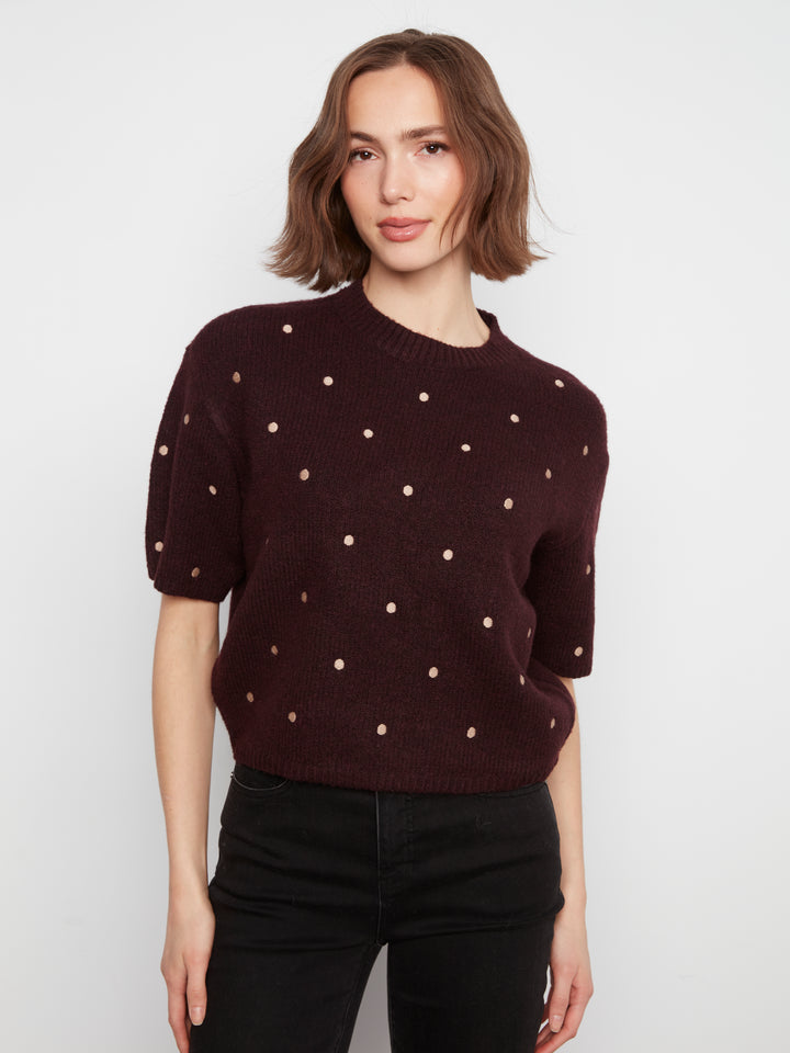 Elbow Sleeve Balloon Shape Sweater With Allover Embroidery