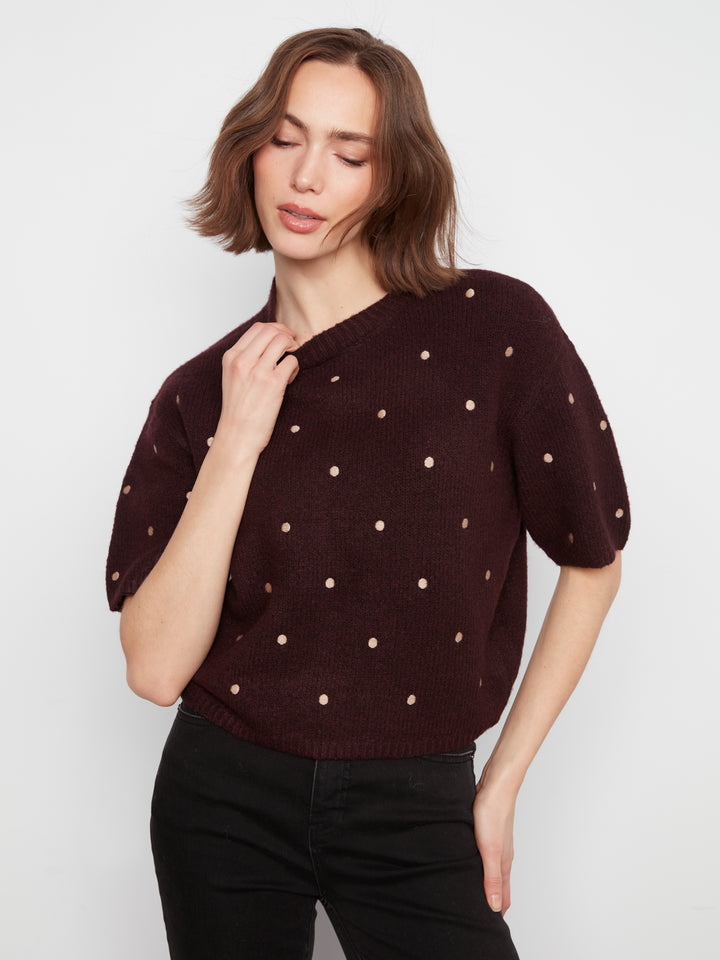 Elbow Sleeve Balloon Shape Sweater With Allover Embroidery