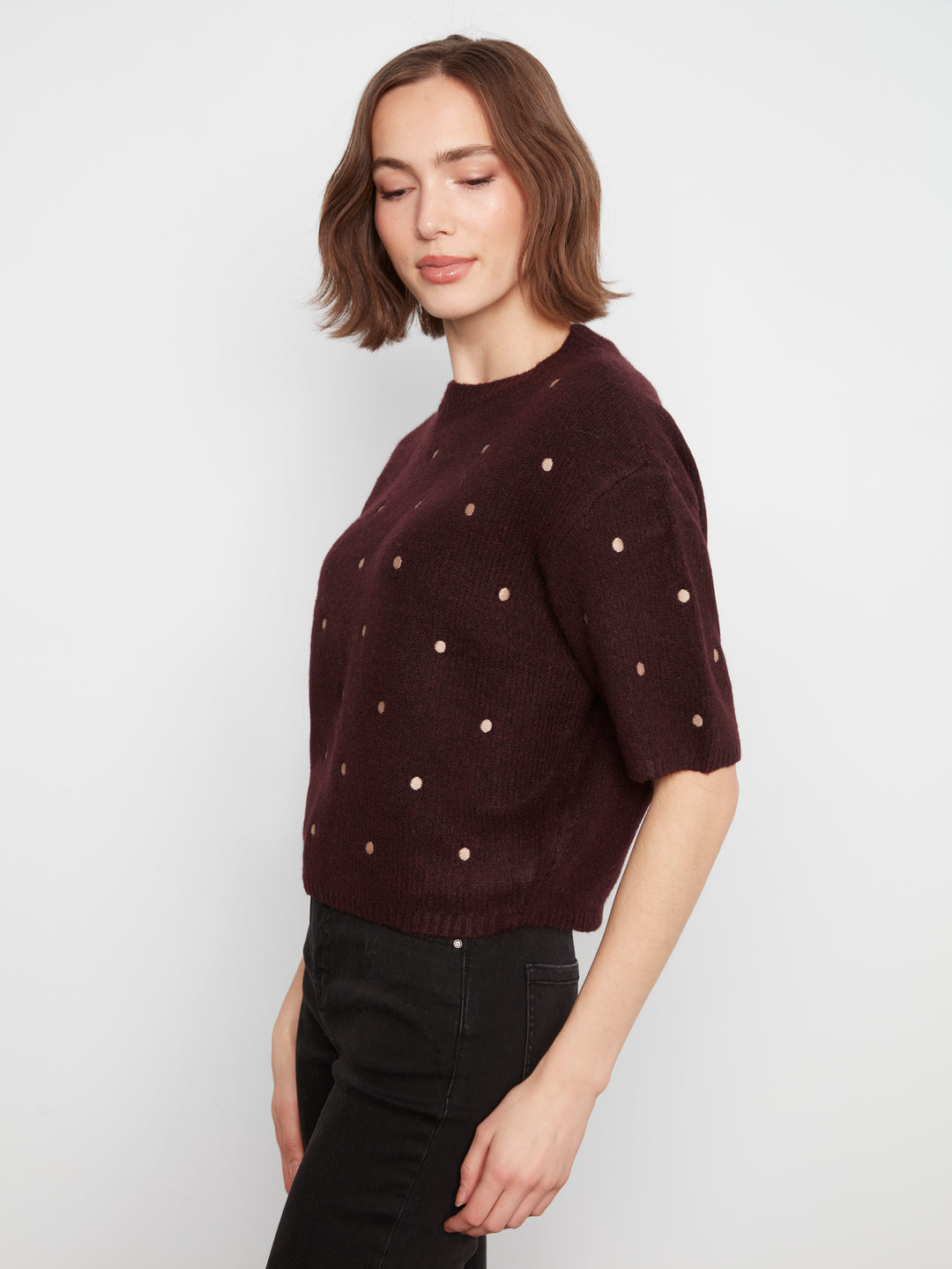 Elbow Sleeve Balloon Shape Sweater With Allover Embroidery