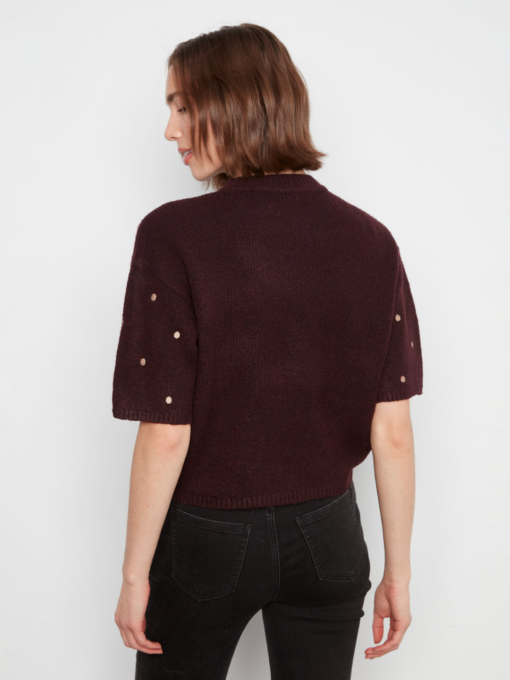 Elbow Sleeve Balloon Shape Sweater With Allover Embroidery