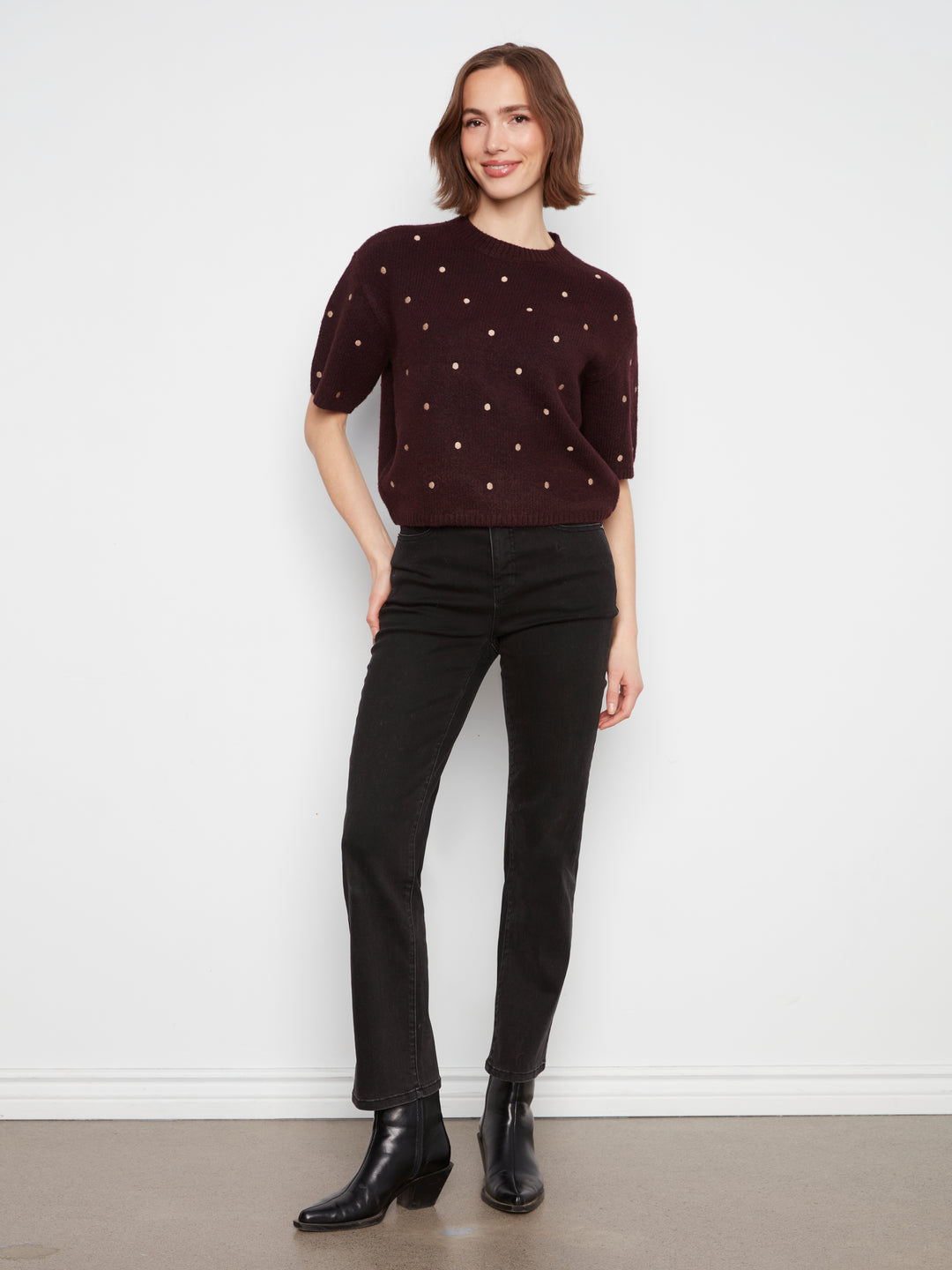 Elbow Sleeve Balloon Shape Sweater With Allover Embroidery