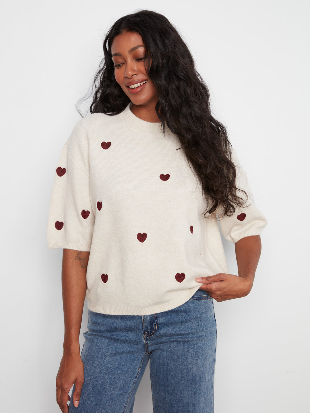 Elbow Sleeve Balloon Shape Sweater With Allover Embroidery