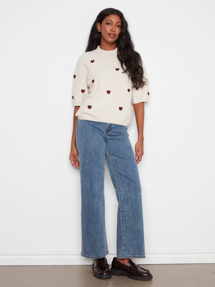 Elbow Sleeve Balloon Shape Sweater With Allover Embroidery