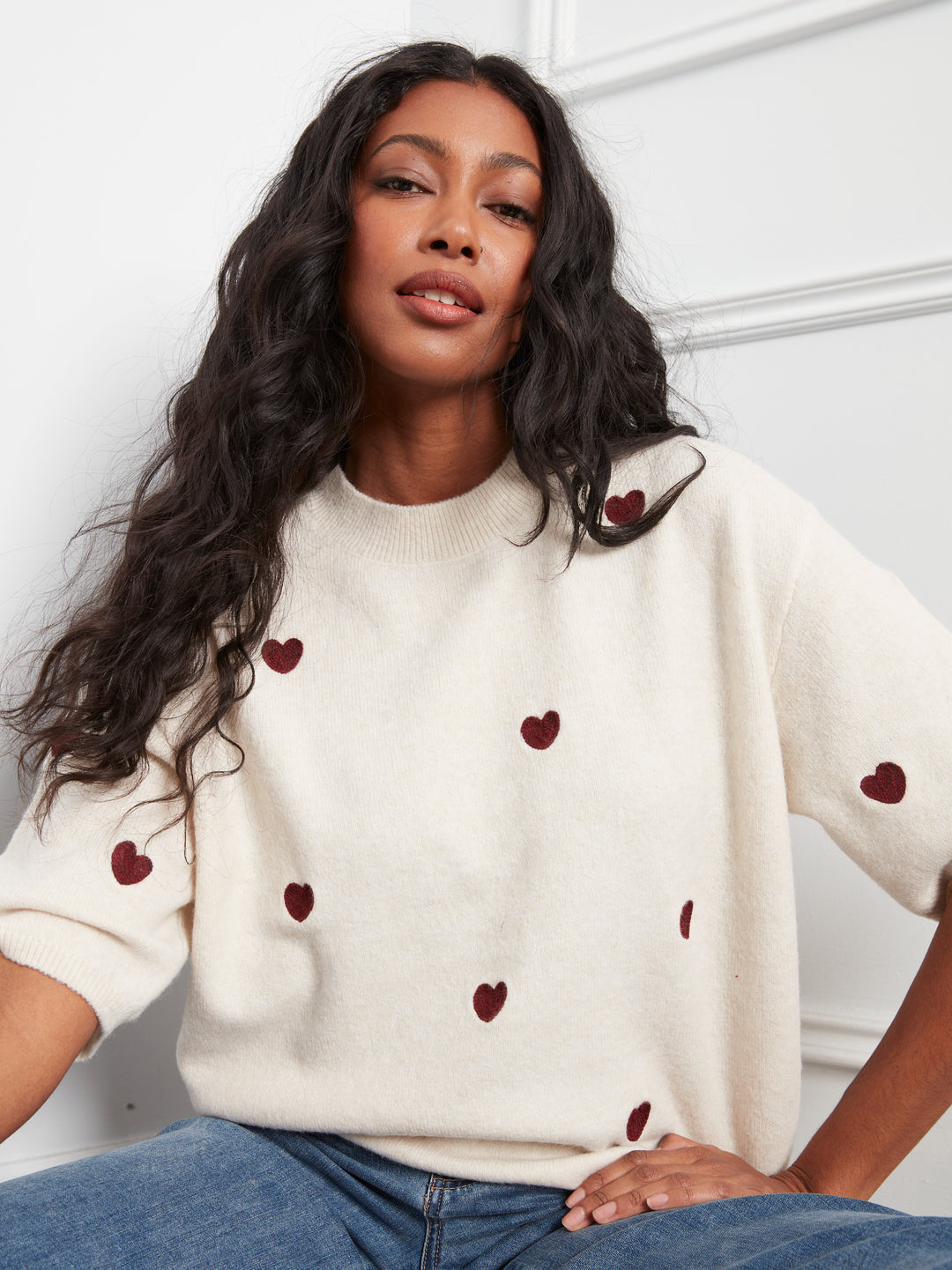 Elbow Sleeve Balloon Shape Sweater With Allover Embroidery