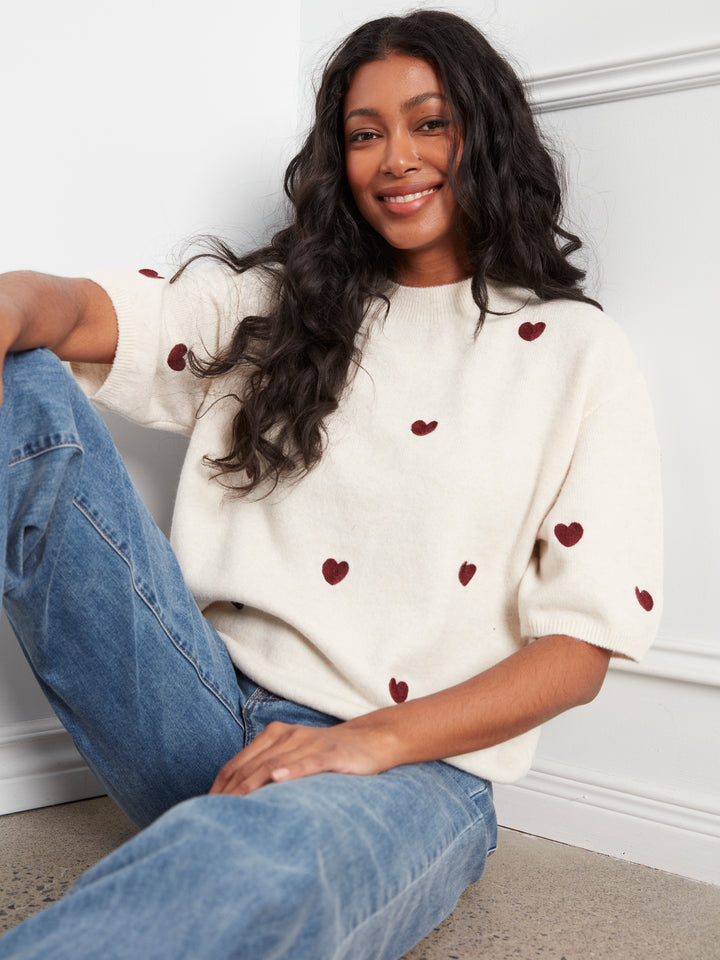 Elbow Sleeve Balloon Shape Sweater With Allover Embroidery