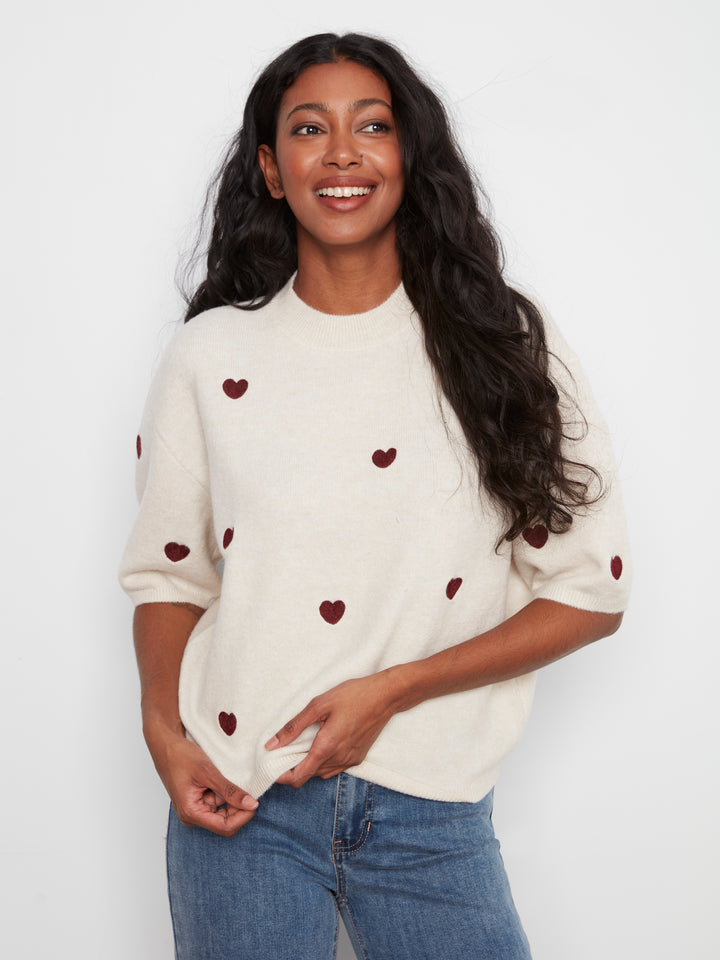Elbow Sleeve Balloon Shape Sweater With Allover Embroidery
