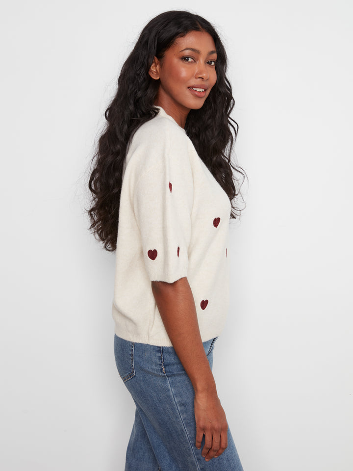 Elbow Sleeve Balloon Shape Sweater With Allover Embroidery
