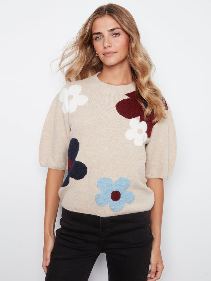 Elbow Sleeve Balloon Shape Jacquard Sweater