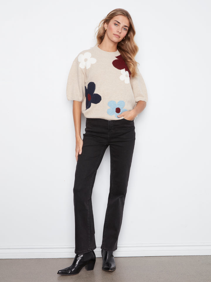Elbow Sleeve Balloon Shape Jacquard Sweater