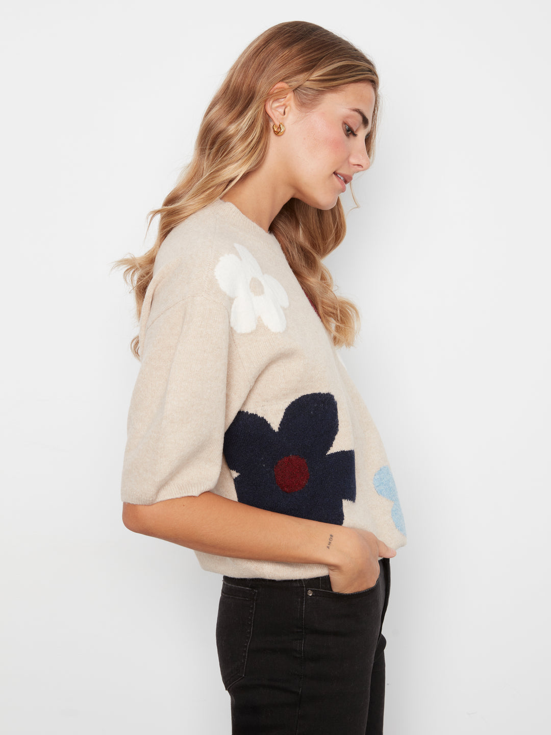 Elbow Sleeve Balloon Shape Jacquard Sweater