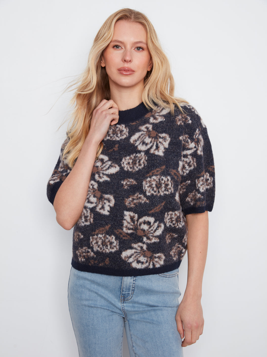 Elbow Sleeve Balloon Shape Jacquard Sweater