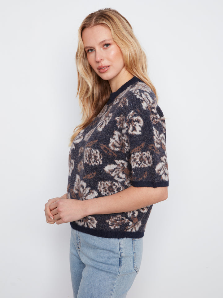 Elbow Sleeve Balloon Shape Jacquard Sweater
