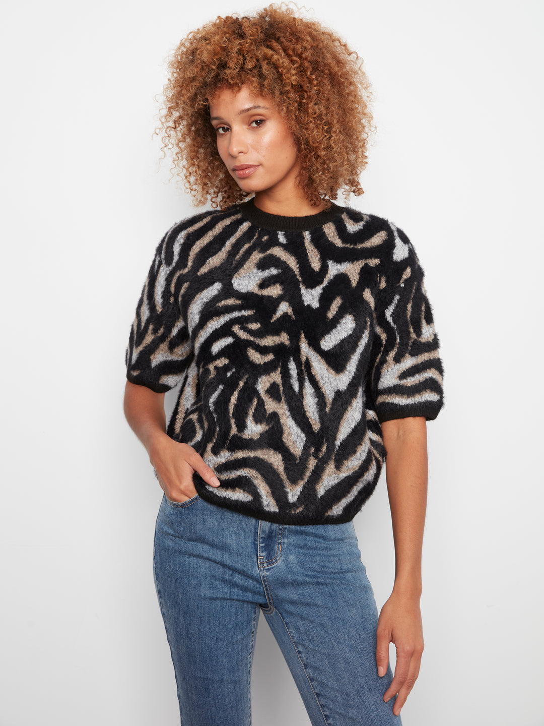 Elbow Sleeve Balloon Shape Jacquard Sweater