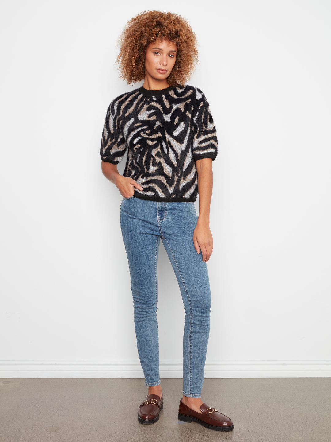 Elbow Sleeve Balloon Shape Jacquard Sweater