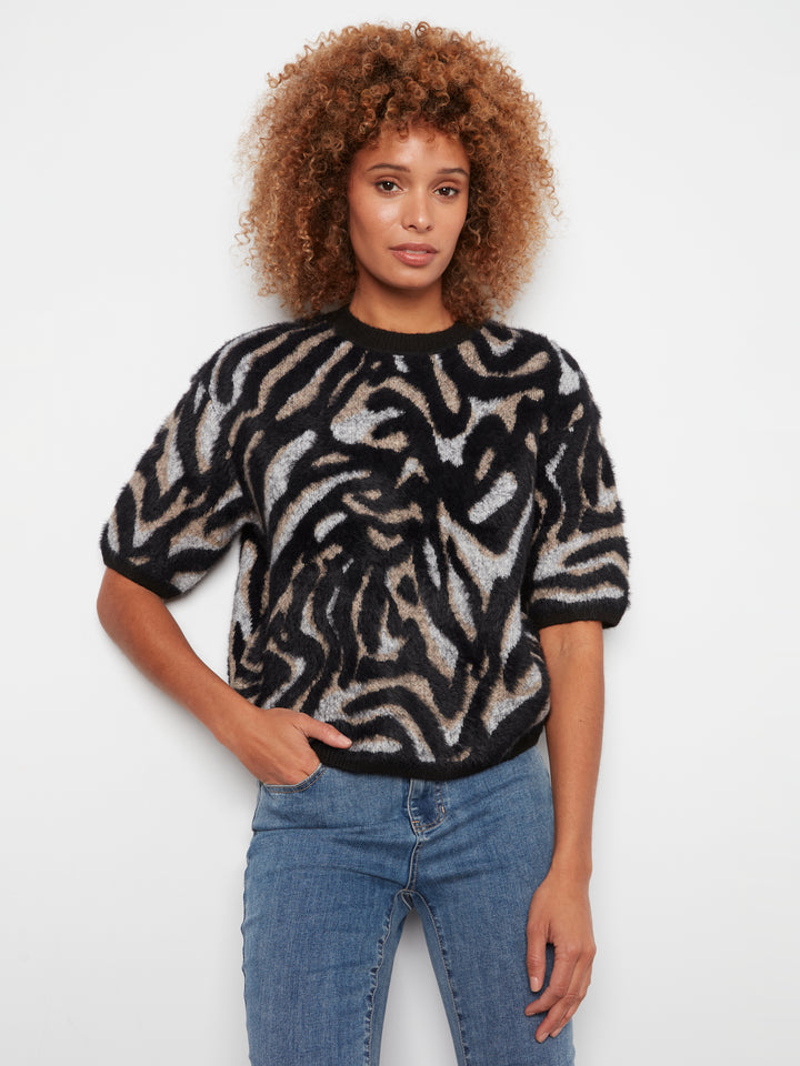 Elbow Sleeve Balloon Shape Jacquard Sweater