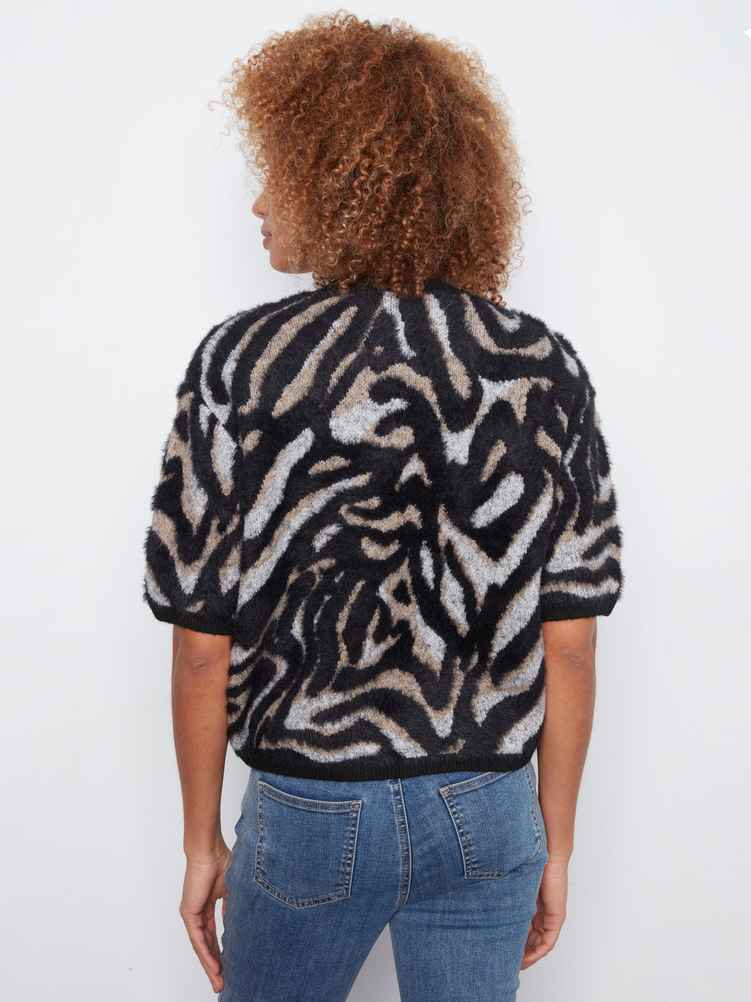 Elbow Sleeve Balloon Shape Jacquard Sweater