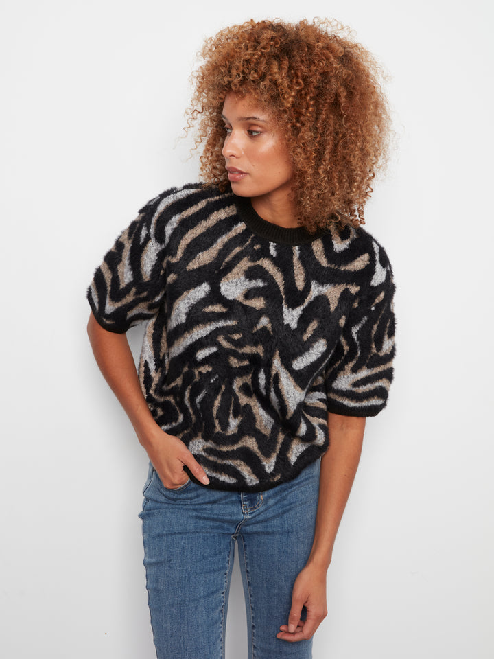 Elbow Sleeve Balloon Shape Jacquard Sweater