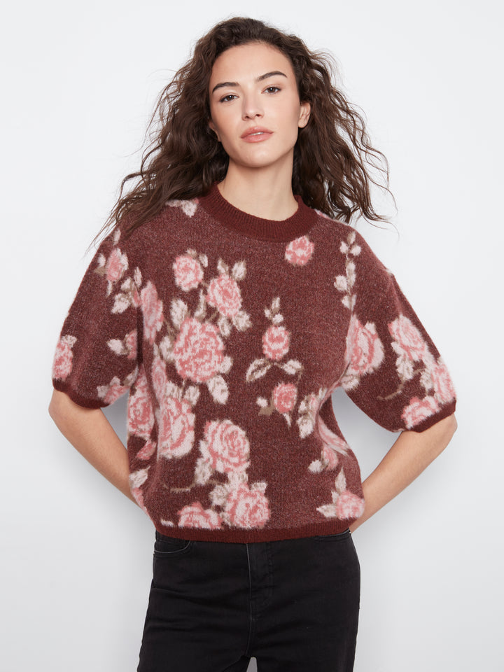 Elbow Sleeve Balloon Shape Jacquard Sweater