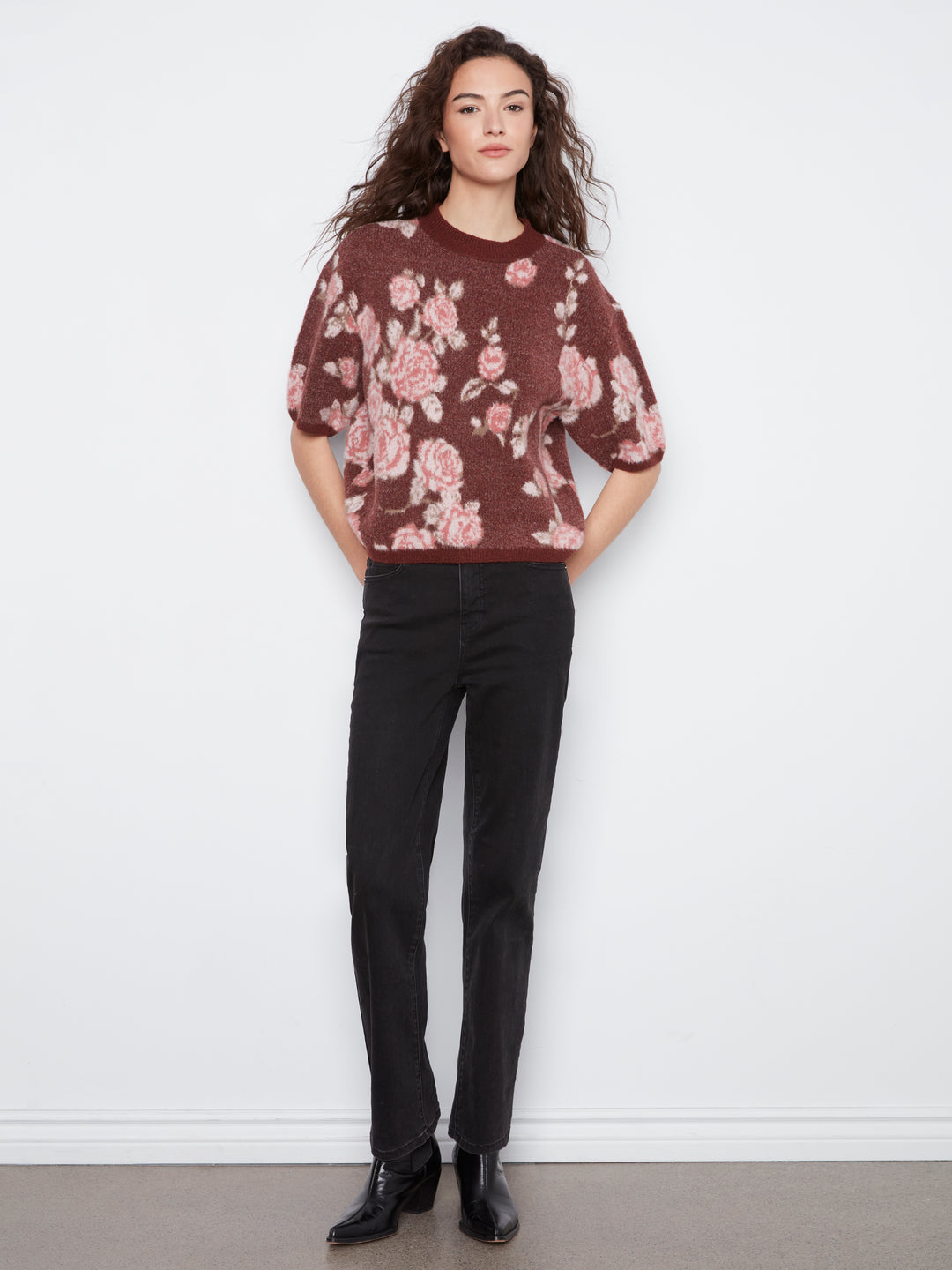 Elbow Sleeve Balloon Shape Jacquard Sweater