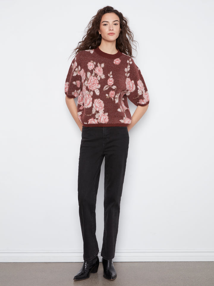 Elbow Sleeve Balloon Shape Jacquard Sweater