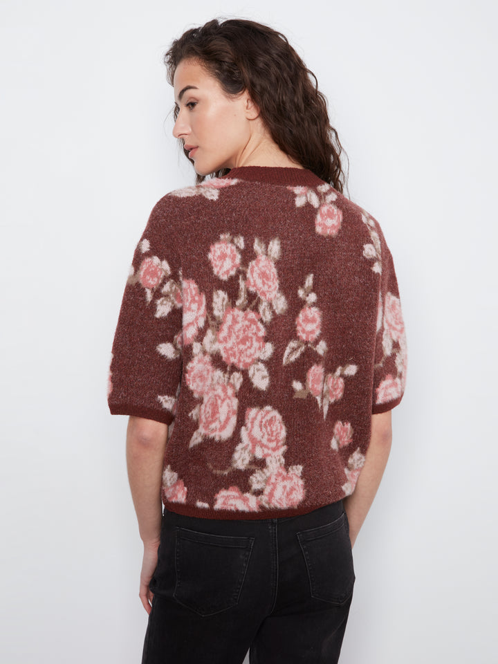 Elbow Sleeve Balloon Shape Jacquard Sweater