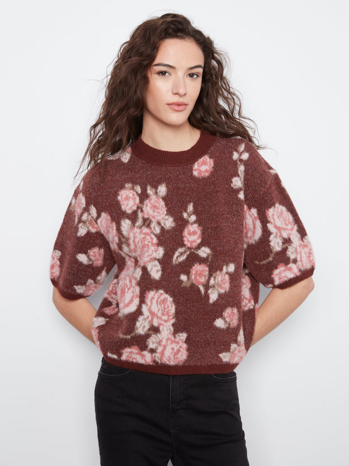Elbow Sleeve Balloon Shape Jacquard Sweater