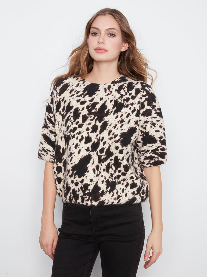 Elbow Sleeve Balloon Shape Printed Sweater