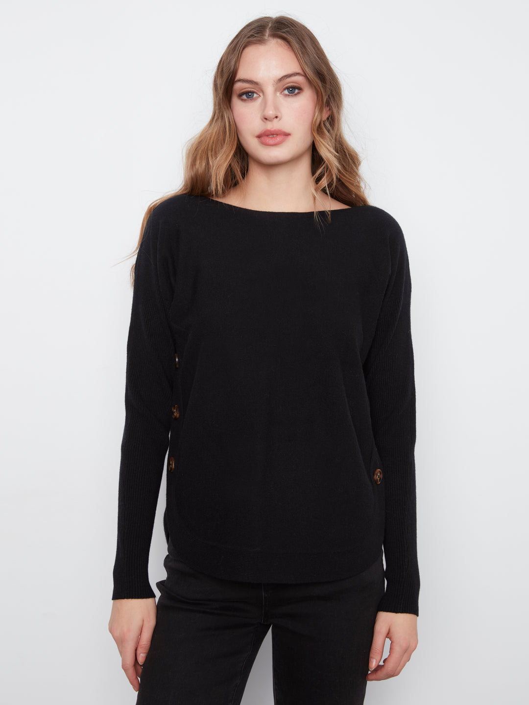 Long Sleeve Drop Shoulder Boat Neck Sweater With Side Buttons Detail